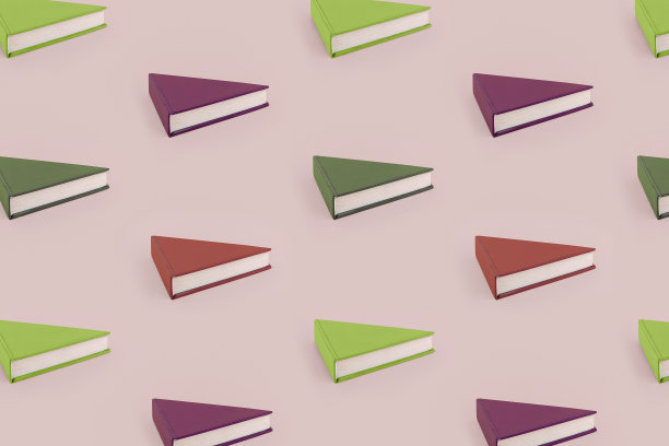最小的抽象图案与彩色书籍在饼片的形状孤立的粉彩米色背景。学校或图书馆庆祝或周年纪念的创意概念。生日快乐的主意。图片下载