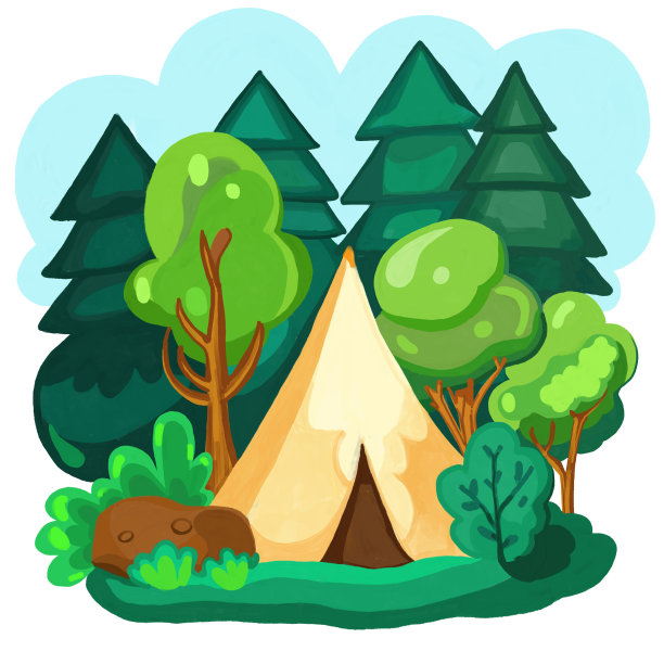 水彩和绘画复古帐篷露营和冒险在森林孤立的白色背景。数字绘画的图标插图。图片下载