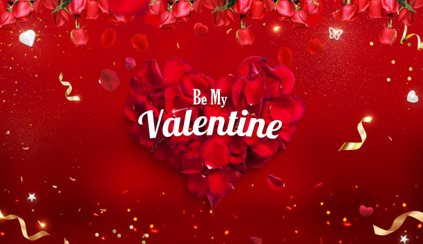 情人节红玫瑰花瓣心形，在红色的背景上展开图片下载