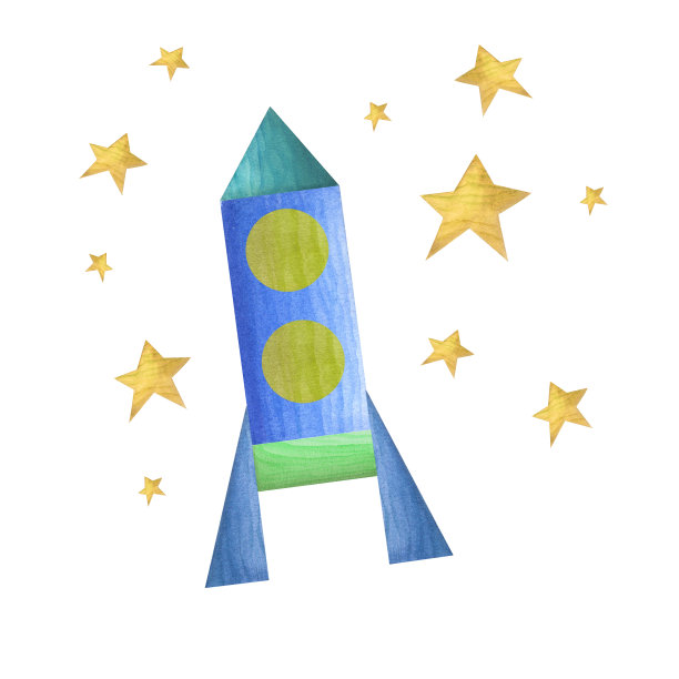 宇宙飞船从白色背景上孤立的彩色木砖中飞过。为儿童明信片，问候，生日和婴儿秀卡片设计的水彩插图图片下载