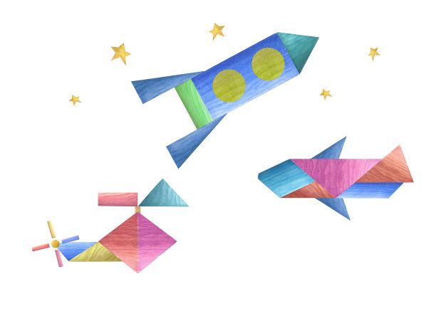 一组宇宙飞船，直升机和飞机从木制彩色砖孤立在白色背景。为明信片，问候，生日和婴儿秀卡片设计的水彩插图图片下载
