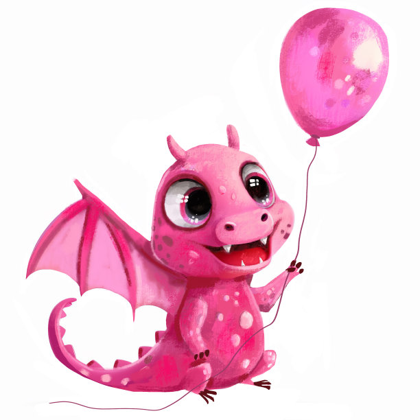 粉红色可爱的龙卡通人物与飞行气球微笑。带有爬行动物翅膀的中国新年标志。图片下载
