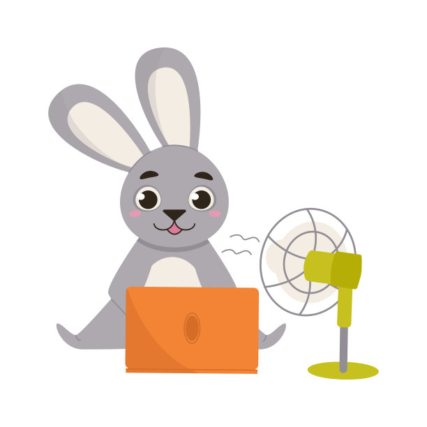 卡通动物坐在地板上，拿着笔记本电脑和风扇。在炎热的天气有通风设备。图片下载