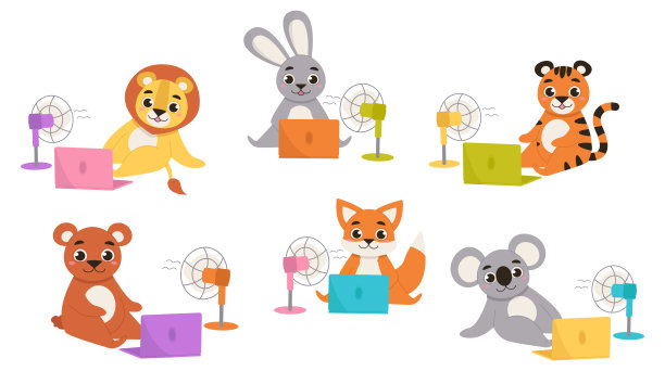 一组卡通动物坐在地板上，拿着笔记本电脑和风扇。熊、野兔、狐狸、狮子、老虎和考拉在炎热的天气里使用通风设备。图片下载