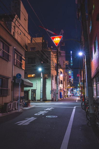 东京市中心(浅草)狭窄的街道上有小商店和住宅图片下载