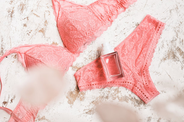 粉红色内衣集在一个古老的白色背景。图片下载