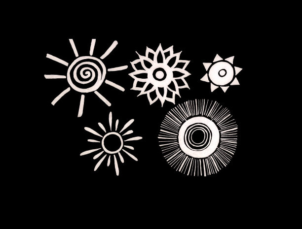 太阳的不同图片。黑底白字。图片下载