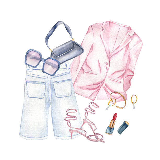 外套、短裤、手袋、鞋子的构图，口红水彩插图孤立于白色之上。女人的夏季服装手绘。设计商店，销售，杂志，包装，展示，图案图片下载