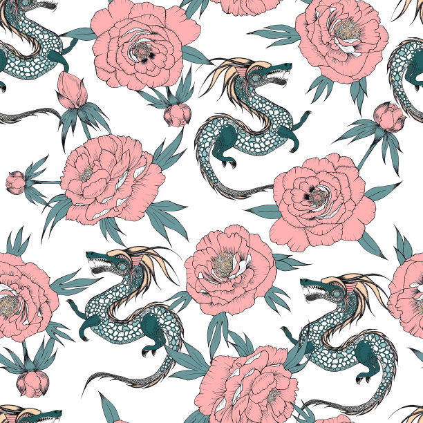 粉色牡丹和绿色龙无缝图案。用于织物和墙纸的手绘印花。东方风格，时髦的颜色。图片下载
