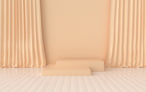 窗帘和讲台的产品演示，模板3d渲染室内插图。图片下载