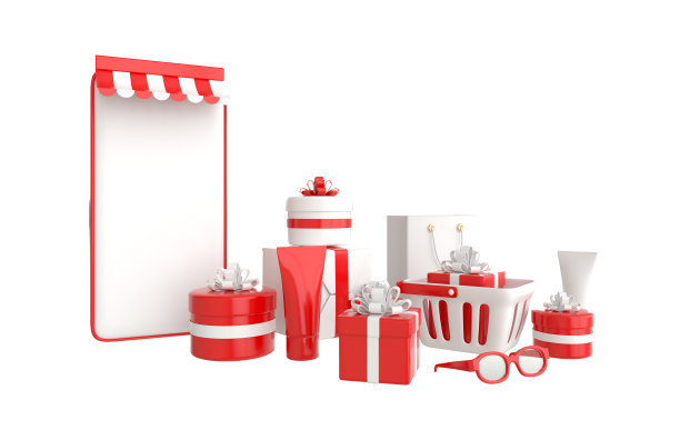 智能手机，购物袋，购物车，购买，礼物盒。网上购物应用程序。隔离在白色背景上图片下载