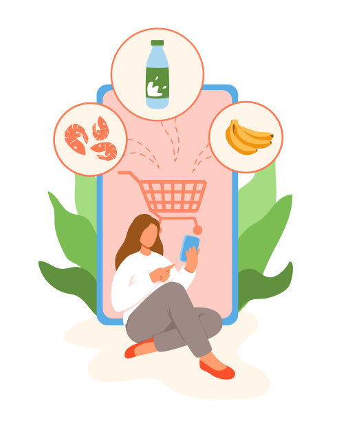 插图的女孩添加购物车产品从超市在线从家里图片下载