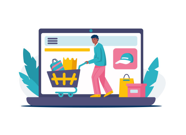 在网上商店，年轻的男性拿着袋子站在购物车旁边，用笔记本电脑选择衣服图片下载