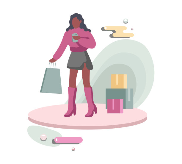 美丽的美国女人拿着包，看着智能手机，买东西图片下载