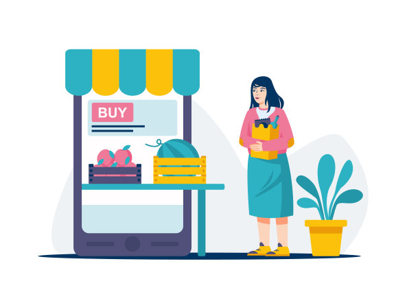 女拿着杂货袋，看着手机屏幕，选择食物图片下载