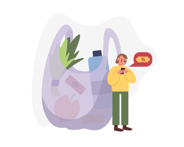 卡通人物看着手机上的优惠券在袋的食物矢量前图片下载