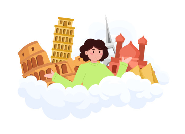 插图快乐的女孩梦想参观世界上最受欢迎的旅游景点图片下载