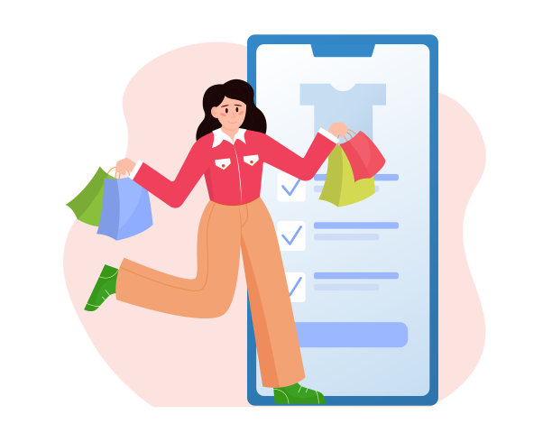 卡通快乐女孩手持购物在移动应用程序前的插图图片下载