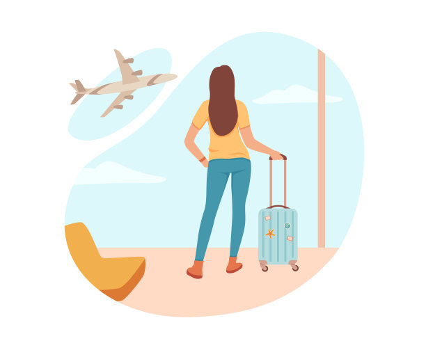 年轻女性拿着行李站在机场候机，望着窗外图片下载