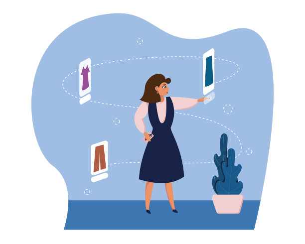 活跃的女士站在虚拟空间里挑选衣服，在网上购物图片下载