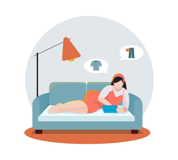 年轻漂亮的女人躺在沙发上，拿着平板电脑，在网上购物图片下载