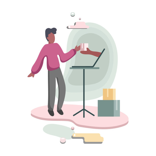 一位女士站在笔记本电脑旁边，拿着盒子。网上购物的大促销和折扣图片下载