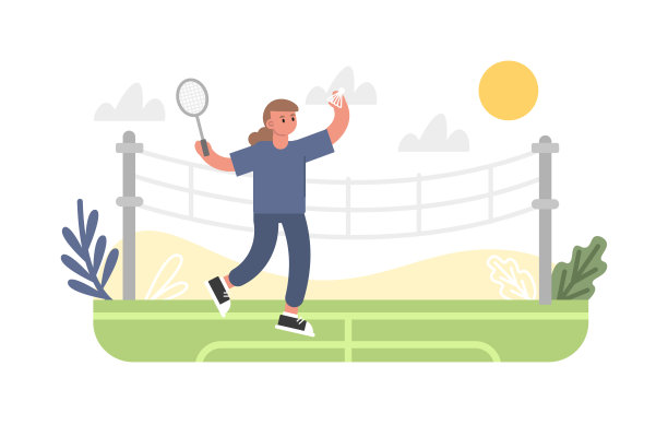 插图的女孩打羽毛球与毽子在户外图片下载