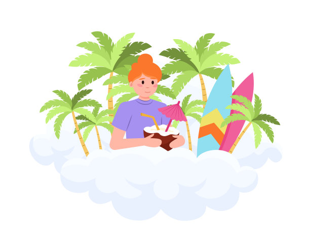 彩色卡通红发女孩喝椰子鸡尾酒插图图片下载