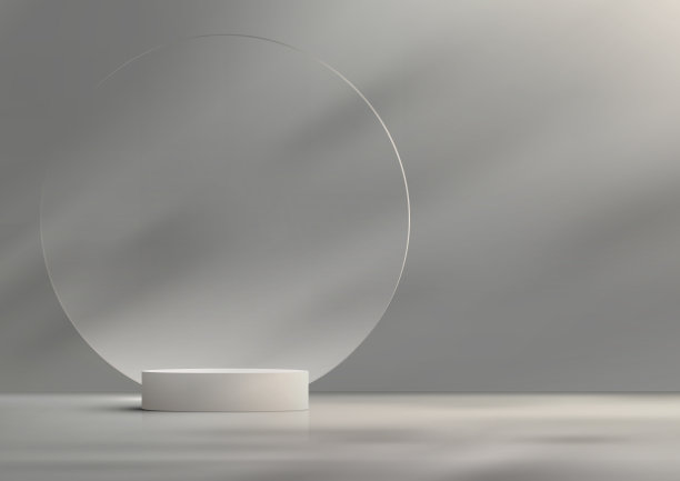 3D逼真的最小风格空的白色讲台平台与透明的玻璃圆背景自然照明的灰色背景图片下载