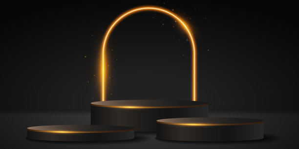 豪华的3d讲台与闪闪发光的橙色霓虹灯弧，以展示您的产品。为你的演讲提供神奇的发光平台。矢量插图。图片下载