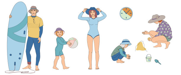 女士穿着长袖泳衣，男士穿着带冲浪板的运动服，男孩和女孩在海滩和水上运动时穿着防护服，以防止太阳辐射和紫外线图片下载