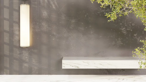 大理石搁板、搁板、搁板地板和搁板、搁板树的剪影从背景反射阳光，豪华搁板室内设计3D插图图片下载