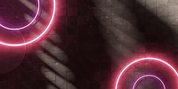 砖墙和霓虹灯标志框架圆形标志霓虹灯在水泥墙上砖墙文本框架旧背景复制空间3D插图图片下载