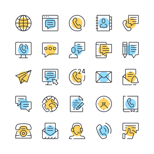 联系线路图标。一组通信图标。黑色，蓝色和黄色。现代线性轮廓平面设计。矢量线图标集图片下载