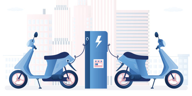 现代电动摩托车在充电站。绿色科技。环保汽车，电动摩托车充电。环保交通，以城市景观为背景。图片下载