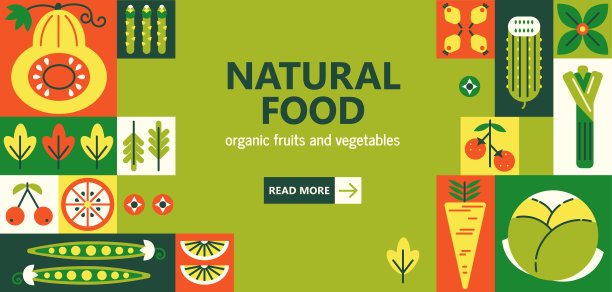 健康食品的几何马赛克。有机果蔬，天然食品横幅模板。现代平面矢量网格插图图片下载