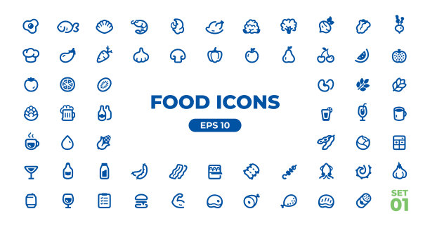 食物图标集。向量。水果、蔬菜、肉类、海鲜、新鲜健康食品、饮料、饮料、餐具、糖果、快餐。孤立在白色背景上。线图标集合。Eps10插图。图片下载