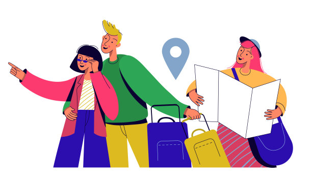 旅行的人，游客的角色。男女团带着背包、行李、地图出国旅游。图片下载