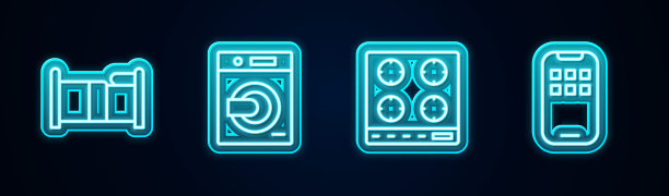 设置线床，洗衣机，煤气炉和移动应用程序。发光的霓虹灯图标。向量图片下载