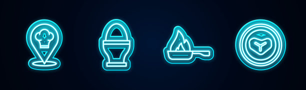 设置厨师帽和位置，鸡蛋架，煎锅和牛排肉盘。发光的霓虹灯图标。向量图片下载