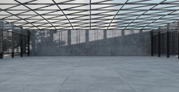 多用途院子，混凝土墙和地板陈列室，宽敞的混凝土地板白天背景建筑背景3d插图图片下载