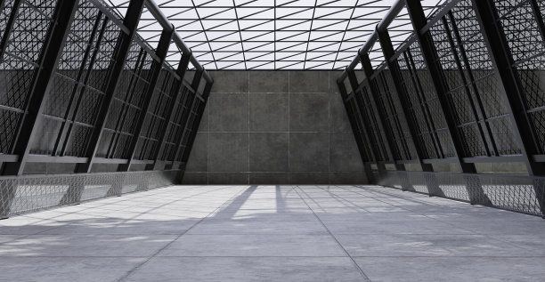 多用途院子，混凝土墙和地板陈列室，宽敞的混凝土地板白天背景建筑背景3d插图图片下载