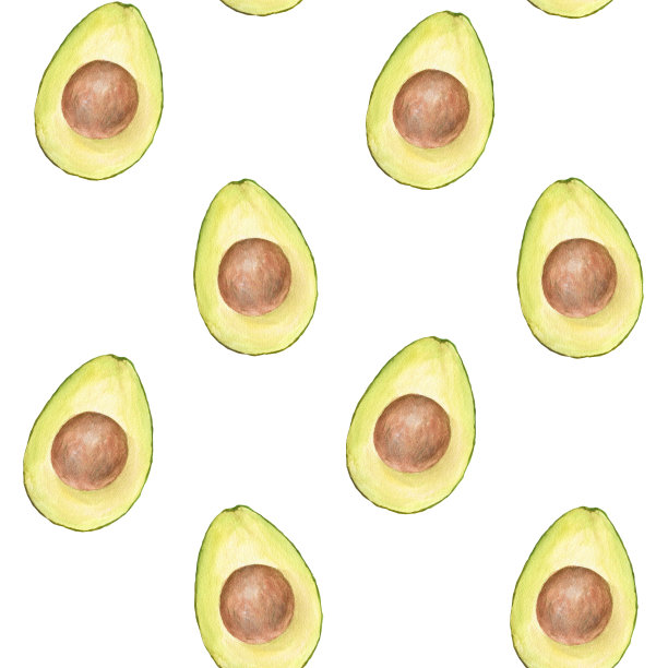水彩无缝图案插图开胃绿色切片牛油果与坑白色背景。图片下载