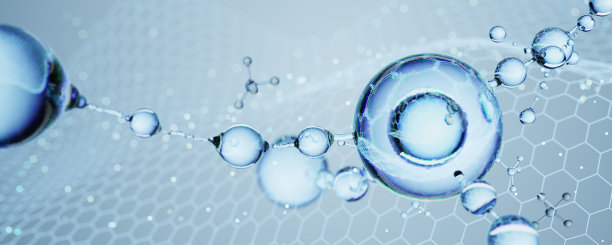 抽象科学背景。抽象液体，水。分子球。具有生化、制药、化妆品等医学概念背景。科学化妆品技术背景。概念性护肤化妆品解决方案。3 d渲染。图片下载