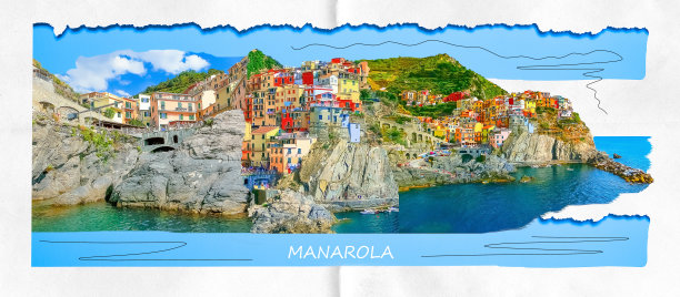 意大利五渔村马纳罗拉，地中海上方岩石上五颜六色的传统房屋图片下载