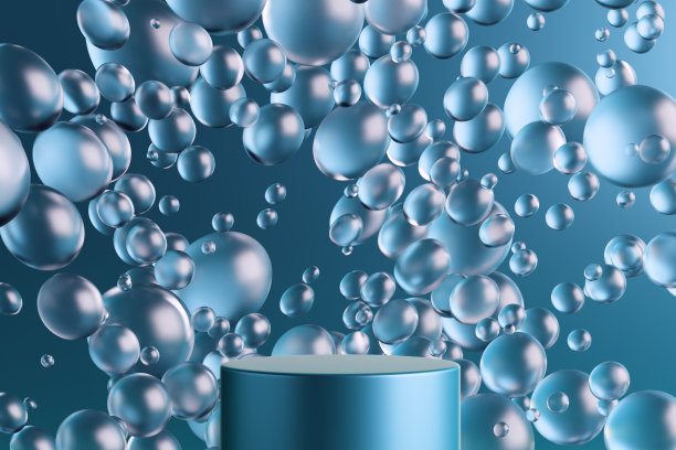 产品展示底座广告水下深蓝色透明气泡漂浮在水中反射光闪耀。高档台化妆品、美容产品、护肤品。3 d演示。图片下载