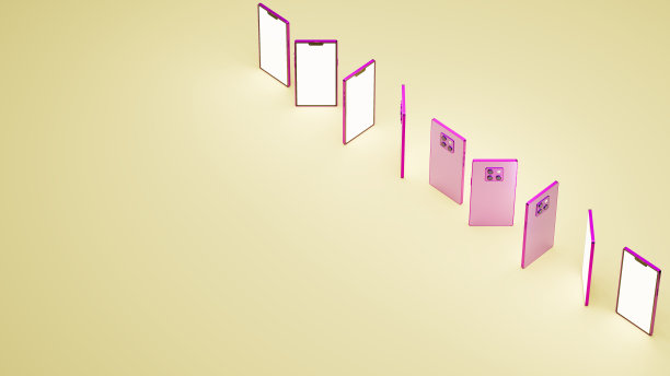 许多紫色的手机在黄色的舞台上，3d插图图片下载