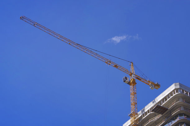 以蓝天为背景的鹤。现代建筑。图片下载