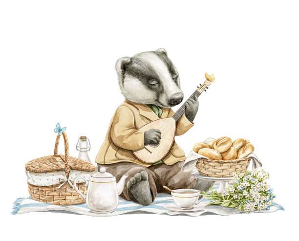 水彩卡通构图，獾音乐家穿着衣服在野餐时弹琵琶图片下载