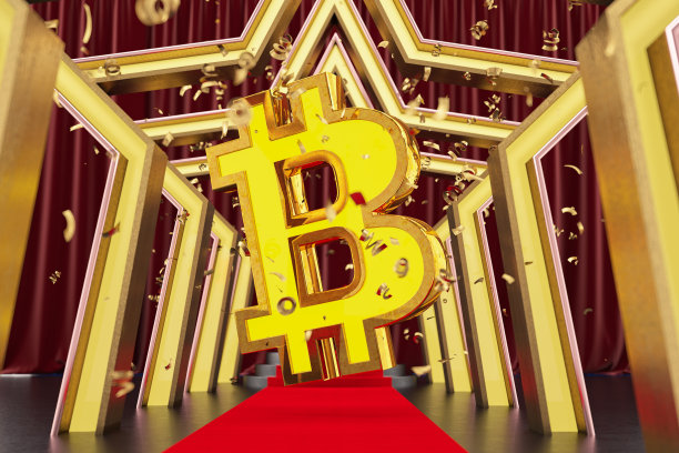 红毯讲台上的霓虹灯比特币加密货币标志图片下载